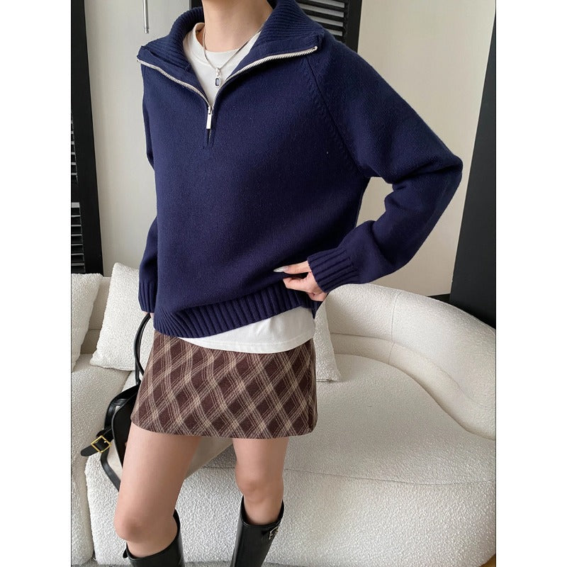 Casual Loose High Neck Half-Zip Knit Sweater Fashionable Relaxed Style