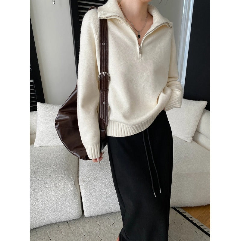 Casual Loose High Neck Half-Zip Knit Sweater Fashionable Relaxed Style