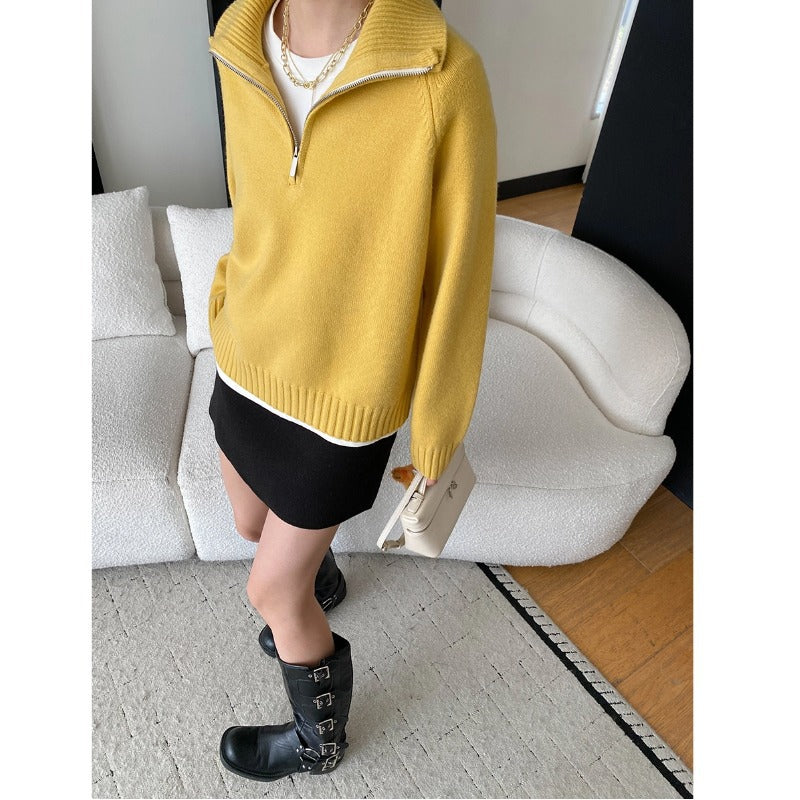 Casual Loose High Neck Half-Zip Knit Sweater Fashionable Relaxed Style