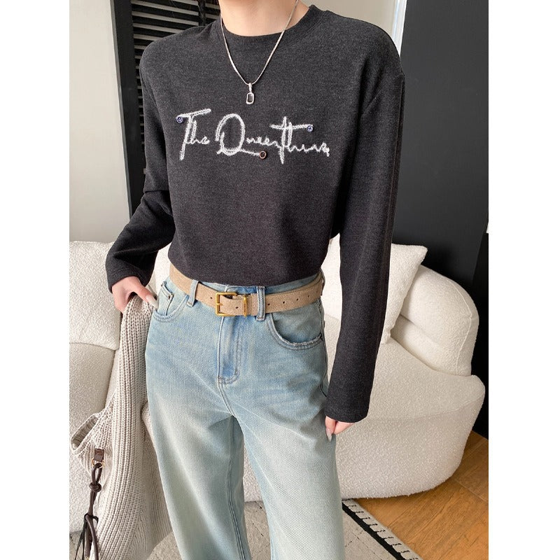 Design Button Letter Embroidery Round Neck Loose Thermal Fleece Thick Long Sleeve Base Layer Shirt