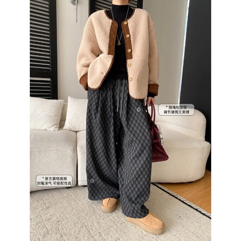 Relaxed Drawstring Elastic Waist Plaid Jacquard Fleece Oversized Casual Pants