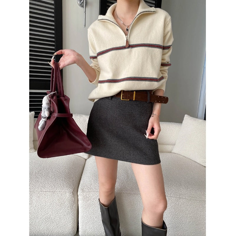 Retro Tailored High-Waisted Slim-Fitting Versatile A-Line Structured Wool Blend Mini Skirt with Belt Included