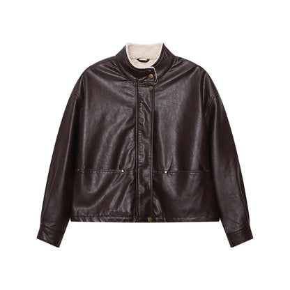 Modern Street American Biker Style Stand Collar Casual Jacket with Fleece Lining and Thickened Leather Coat