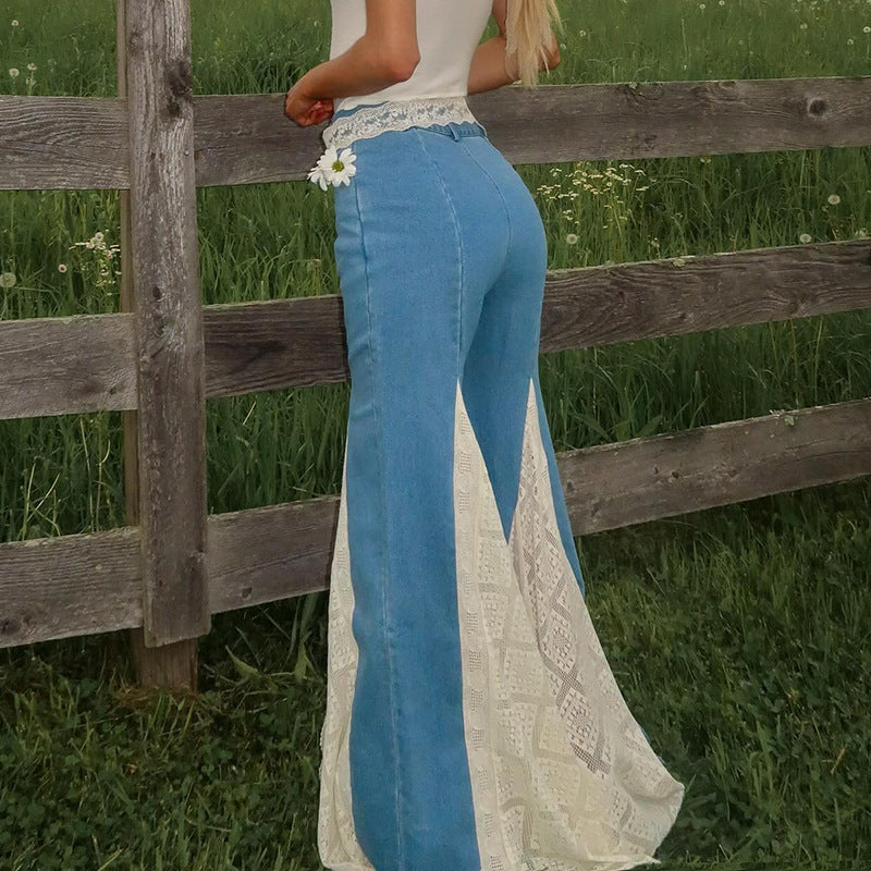 French versatile lace patchwork retro flared pants